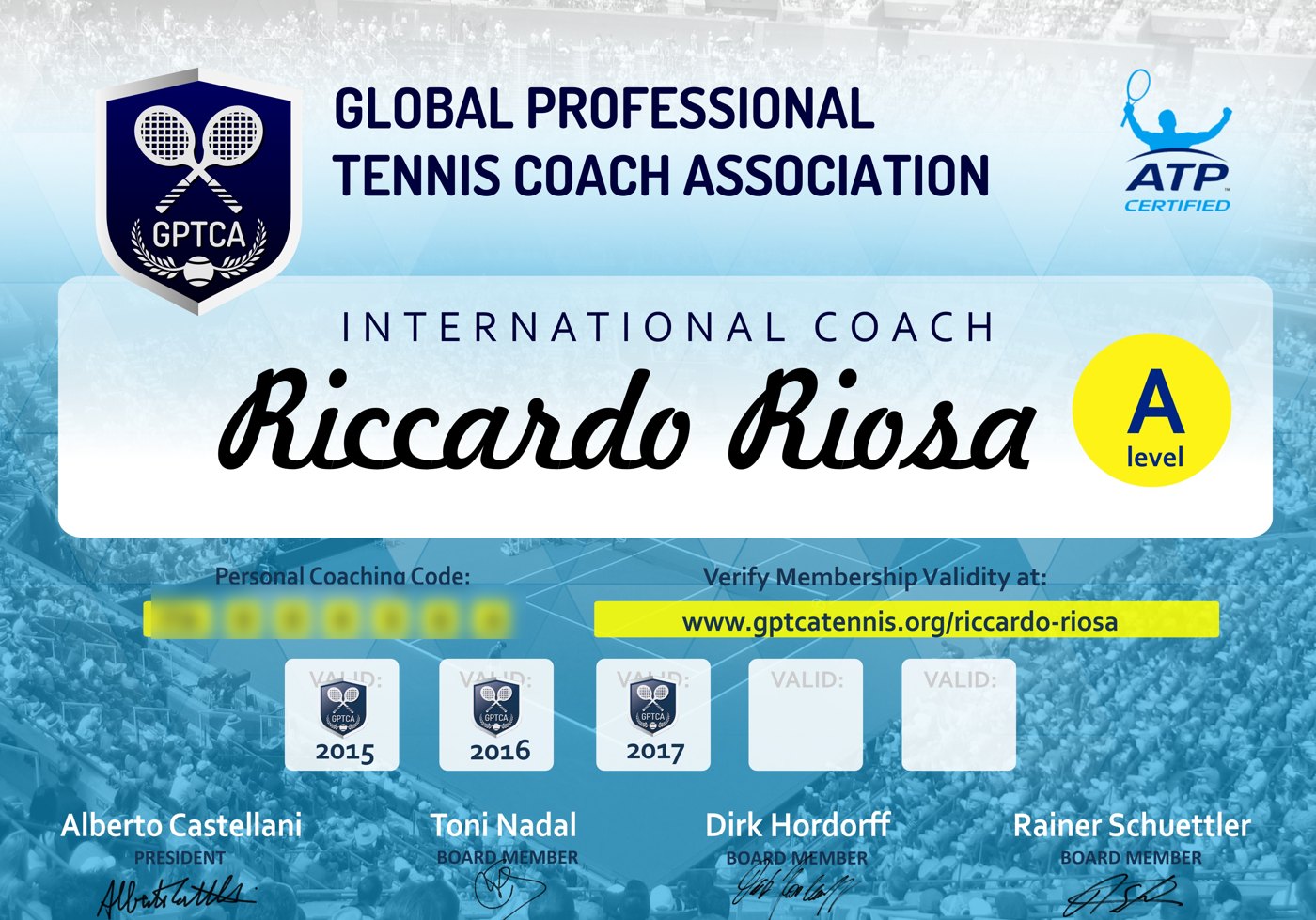 Tessera GPTCA International Coach livello A intestata a Riccardo Riosa
